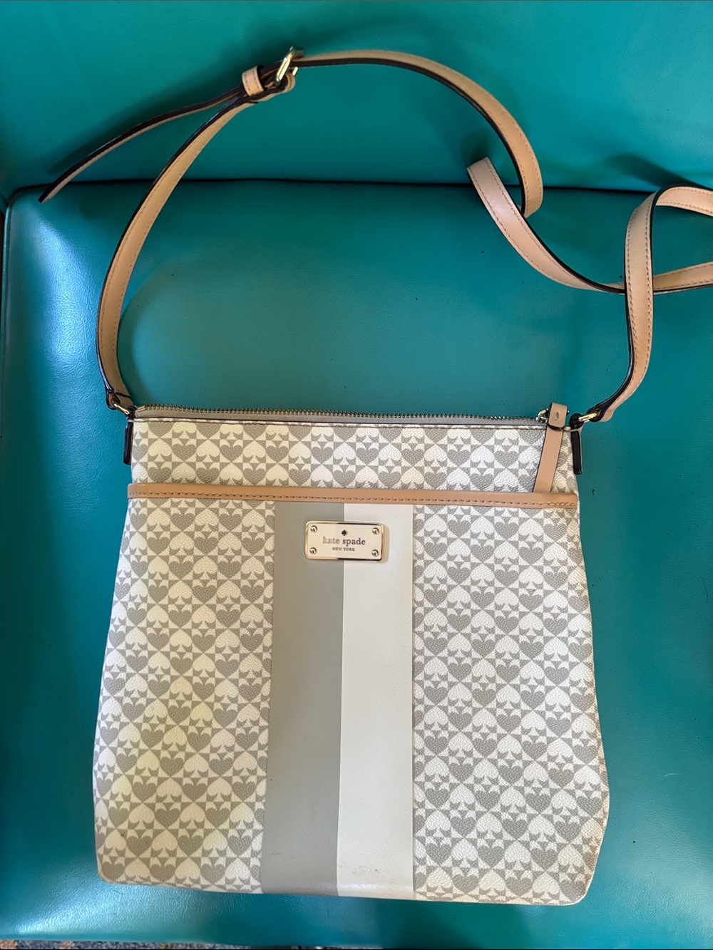 kate spade Cream and Gray Patterned Crossbody with Tan Trim